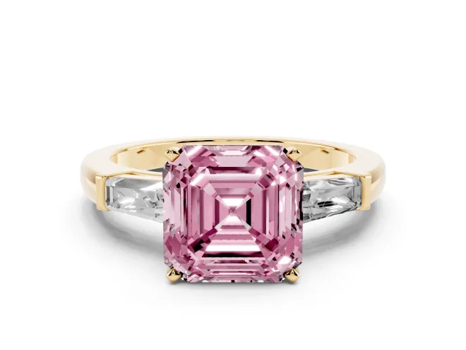 Asscher Cut Three Stone Engagement Ring Setting for a Fancy Pink Lab-Grown Diamond | Tapered Baguettes | Yellow Gold