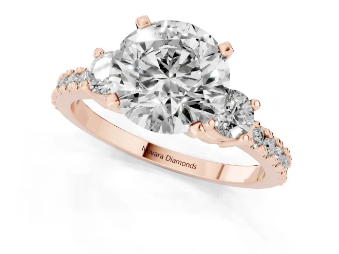 Three-Stone Round Cut Diamond Pavé Band Ring Set in Rose gold with Prong Setting – second view
