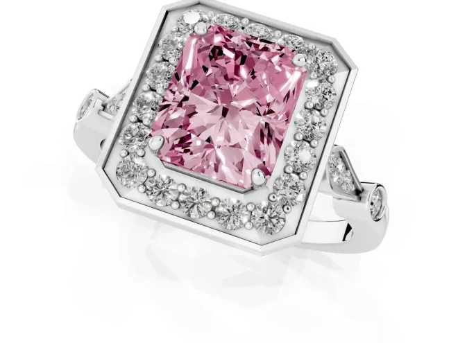 Fancy Pink Radiant Cut Diamond Halo Engagement Ring Set in Platinum with Twisted Band and Prong Setting – second view
