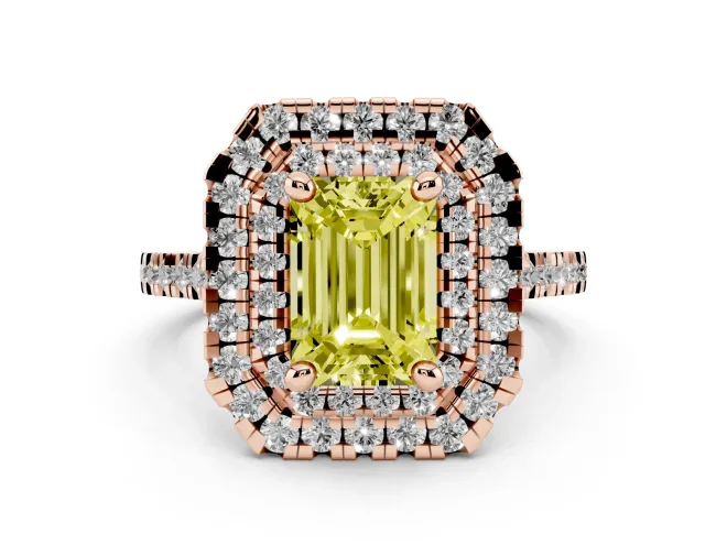 Emerald Cut Double Halo Engagement Ring Setting for a Fancy Yellow Lab-Grown Diamond | Pavé Shoulders | Rose Gold