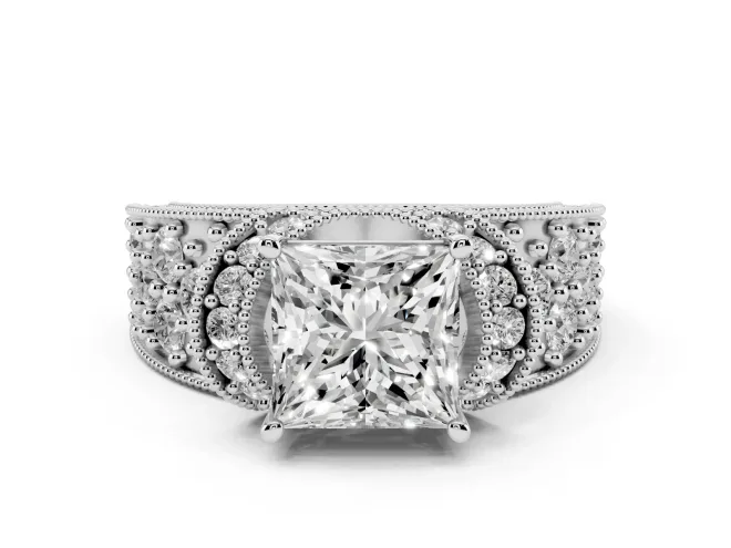 Princess Cut Vintage Milgrain Pave Engagement Ring Setting | Crescent Side Rows | Platinum