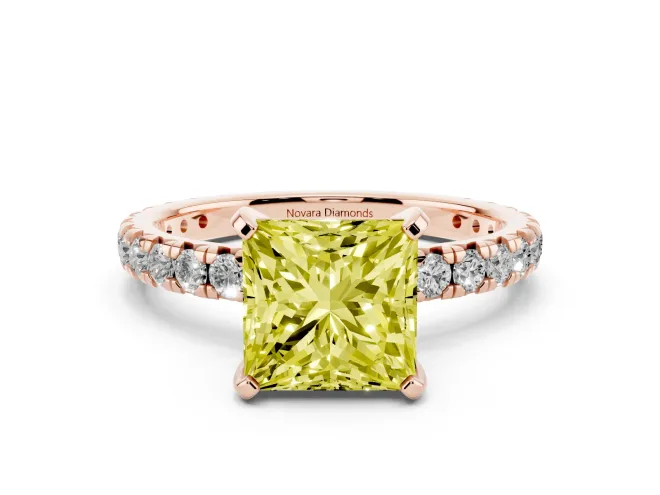 Fancy Yellow Princess Cut Diamond Pavé Solitaire Ring Set in Rose gold with Round Band and Prong Setting