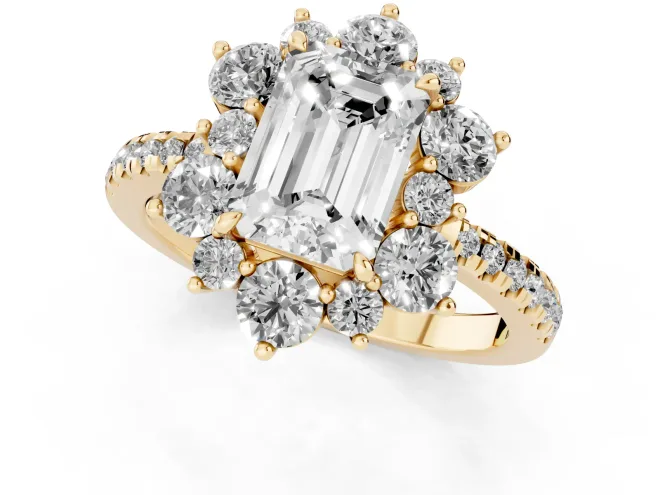 Emerald Cut Diamond Floral Halo Ring Set in Yellow gold with Round Pavé Band and Prong Setting – second view