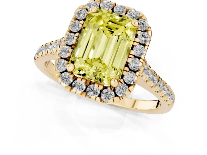Fancy Yellow Emerald Cut Diamond Cushion Halo Ring Set in Yellow gold with Pavé Band – second view
