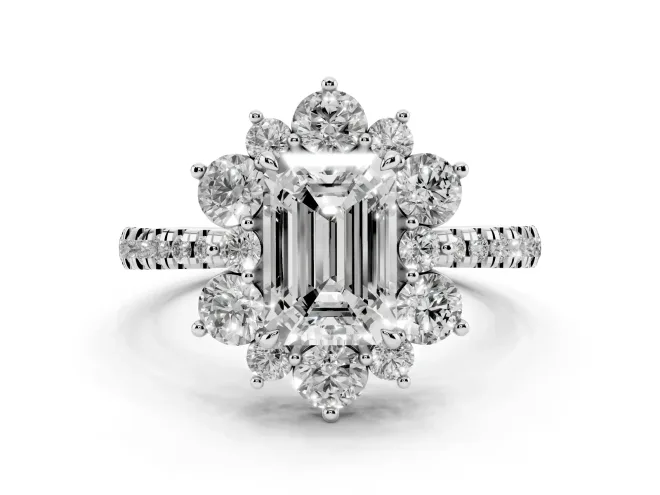 Emerald Cut Diamond Floral Halo Ring Set in White gold with Round Pavé Band and Prong Setting