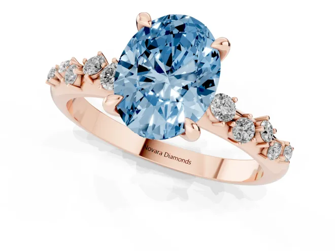 Fancy Blue Oval Cut Diamond Solitaire Vine Band Ring Set in Rose gold with Round Accents and Prong Setting – second view