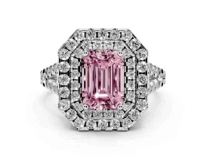 Fancy Pink Emerald Cut Diamond Double Halo Ring Set in Silver with Pavé Split Shank and Prong Setting