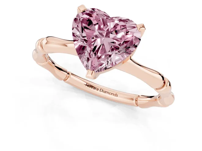 Fancy Pink Heart Cut Diamond Solitaire Ring Set in Rose gold with Bamboo Band and Prong Setting – second view