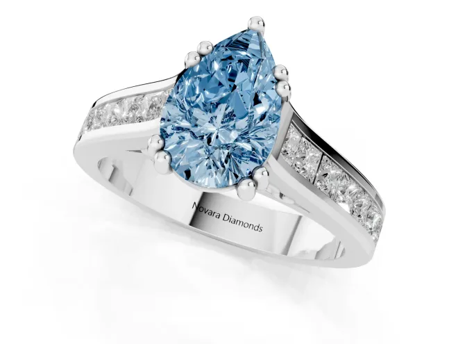 Fancy Blue Pear Cut Diamond Channel Set Solitaire Engagement Ring Set in Platinum with Prong Setting – second view