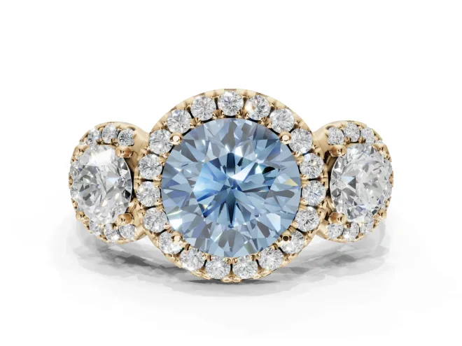 Round Three Stone Halo Engagement Ring Setting for a Fancy Blue Lab-Grown Diamond | Yellow Gold