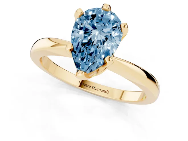 Fancy Blue Pear Cut Diamond Solitaire Engagement Ring Set in Yellow gold with Slim Tapered Solitaire Band – second view
