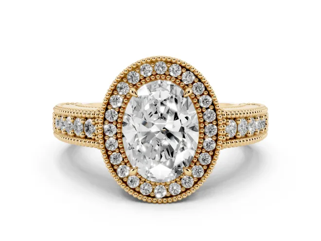 Oval Vintage Milgrain Halo Engagement Ring Setting | Carved Leaf Detail | Yellow Gold