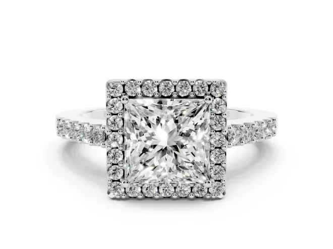 Princess Cut Diamond Halo Pavé Solitaire Ring Set in Platinum with Prong-Set Center Stone