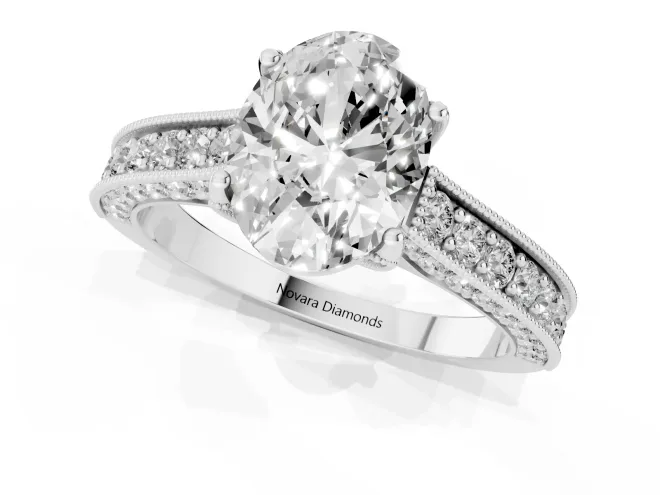 Oval Cut Diamond Solitaire Ring Set in Silver with Milgrain-Edged Pavé Band and Prong Setting – second view