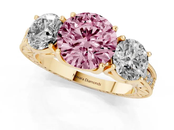 Fancy Pink Round Cut Diamond Three-Stone Engagement Ring Set in Yellow gold with Milgrain Pavé Band – second view