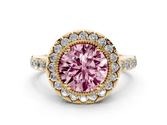 Fancy Pink Round Cut Diamond Halo Ring Set in Yellow gold with Pavé Shank and Prong Setting