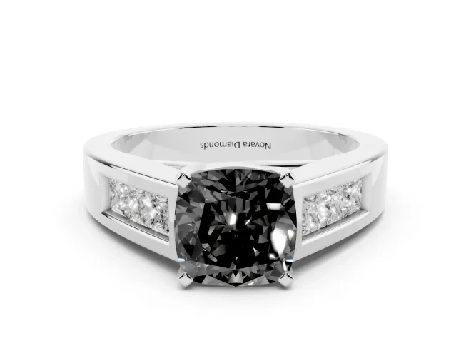 Fancy Black Cushion Cut Diamond Solitaire Ring Set in Platinum with Channel-Set Accent Stones and Prong Setting