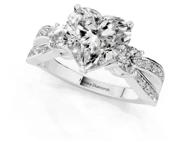 Three-Stone Heart Cut Diamond Twist Band Ring Set in Platinum with Pavé Accents and Prong Setting – second view