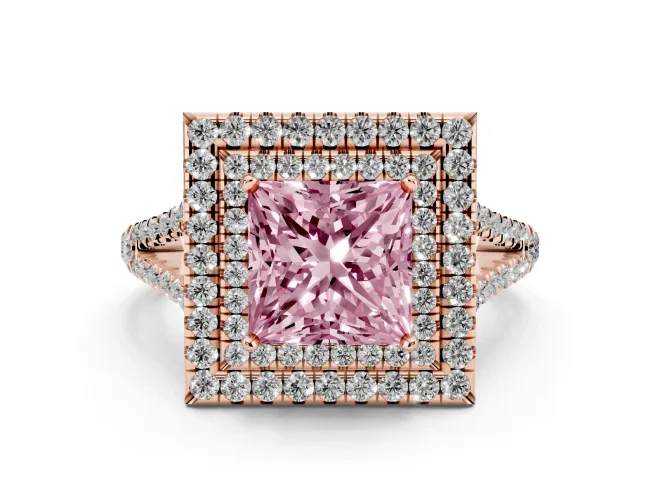 Fancy Pink Princess Cut Diamond Double Halo Ring Set in Rose gold with Pavé Band