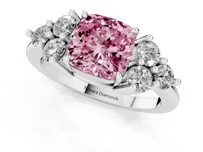 Fancy Pink Cushion Cut Diamond Solitaire Ring Set in White gold with Cluster Accents on Each Side – second view