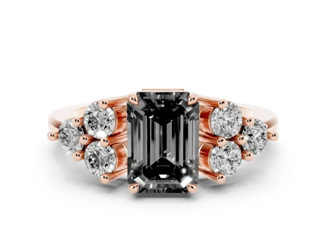 Fancy Black Emerald Cut Diamond Solitaire Ring Set in Rose gold with Cluster Accents on Each Side