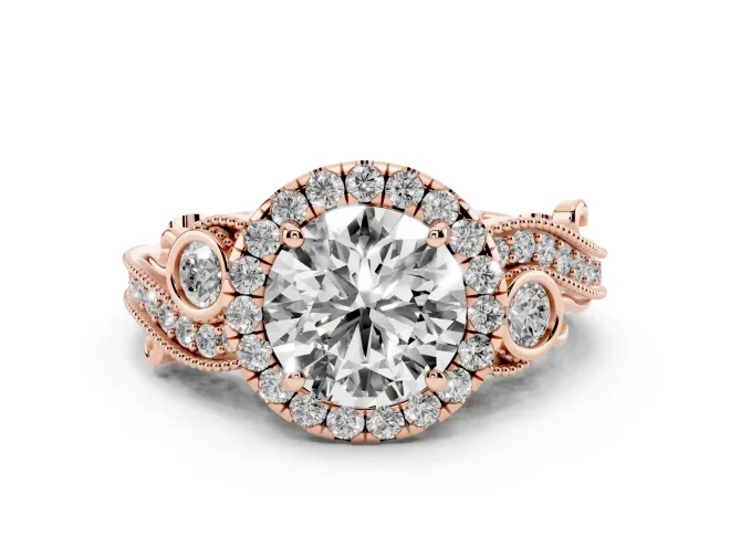 Round Cut Diamond Halo Ring Set in Rose gold with Milgrain Pavé Band and Prong Setting