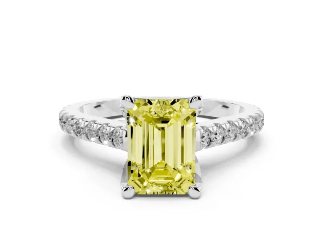 Emerald Cut Hidden Halo Pavé Engagement Ring Setting for a Fancy Yellow Lab-Grown Diamond | Claw Prongs | Platinum