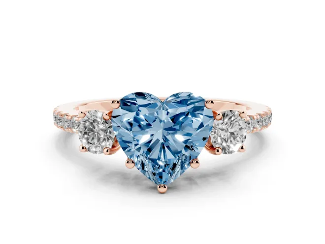 Heart-Shaped Three Stone Engagement Ring Setting for a Fancy Blue Lab-Grown Diamond | Pavé Shoulders | Rose Gold