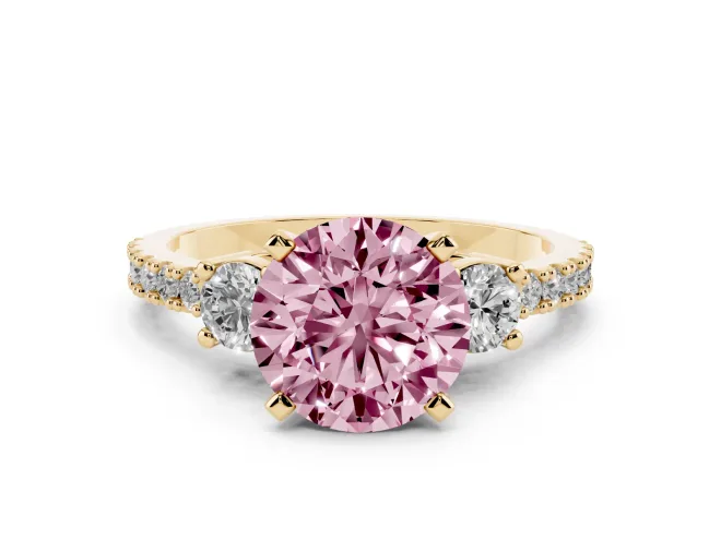 Round Three Stone Pavé Engagement Ring Setting for a Fancy Pink Lab-Grown Diamond | Round Side Stones | Yellow Gold