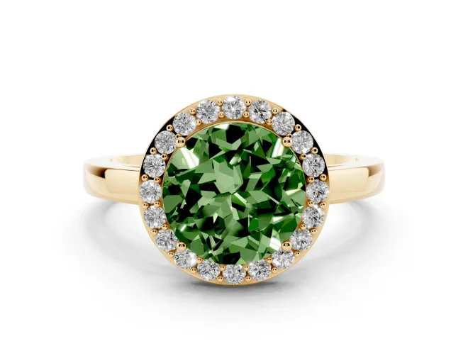 Round Thin Halo Low Profile Engagement Ring Setting for a Fancy Green Lab-Grown Diamond | Slim Plain Band | Yellow Gold