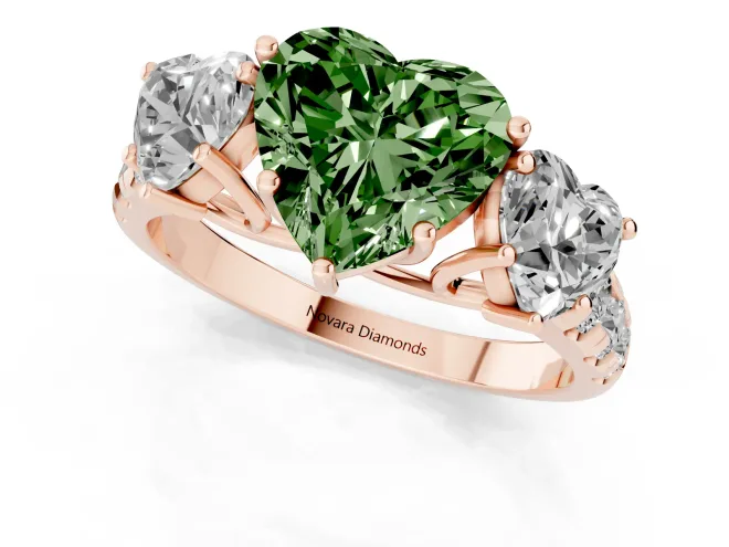 Fancy Green Heart Cut Diamond Three-Stone Ring Set in Rose gold with Pavé Band – second view