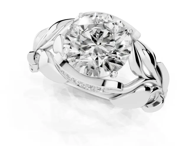 Round Cut Diamond Leaf-Inspired Engagement Ring Set in White gold with Round Accents – second view