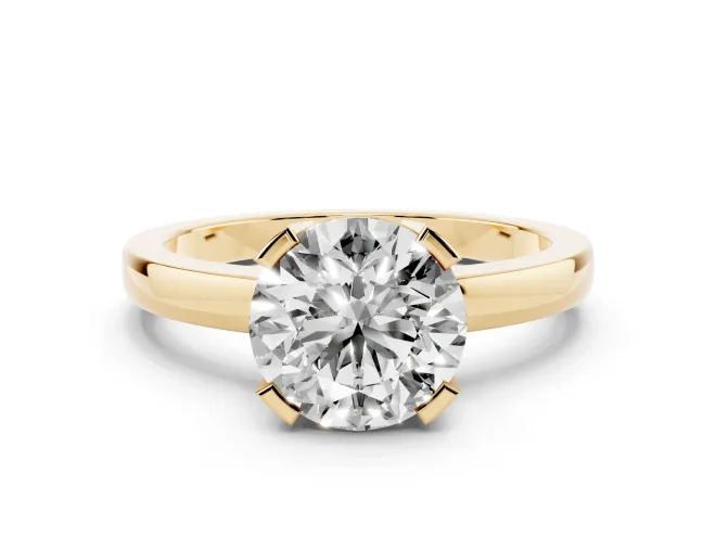 Round Cut Diamond Solitaire Ring Set in Yellow gold with Prong Head and Smooth Polished Band