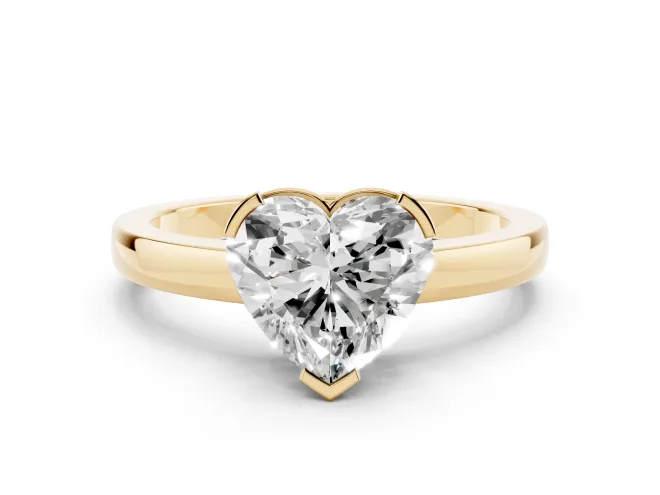 Heart Cut Diamond Solitaire Ring Set in Yellow gold with Prong Head and Smooth Polished Band