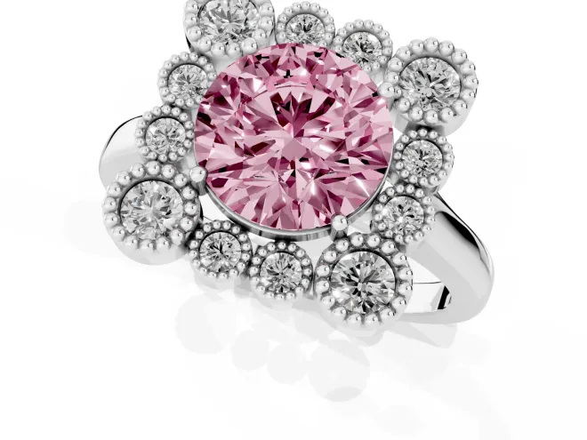 Fancy Pink Round Cut Diamond Cluster Halo Ring Set in Platinum with Milgrain Bezel Accents and Plain Band – second view