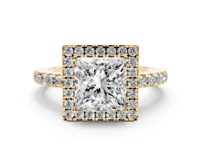 Princess Cut Diamond Pavé Band Halo Engagement Ring Set in Yellow gold with Prong Setting