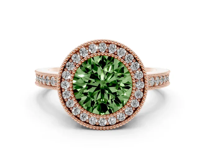 Fancy Green Round Cut Diamond Halo Engagement Ring Set in Rose gold with Pavé Band and Round Halo Stones