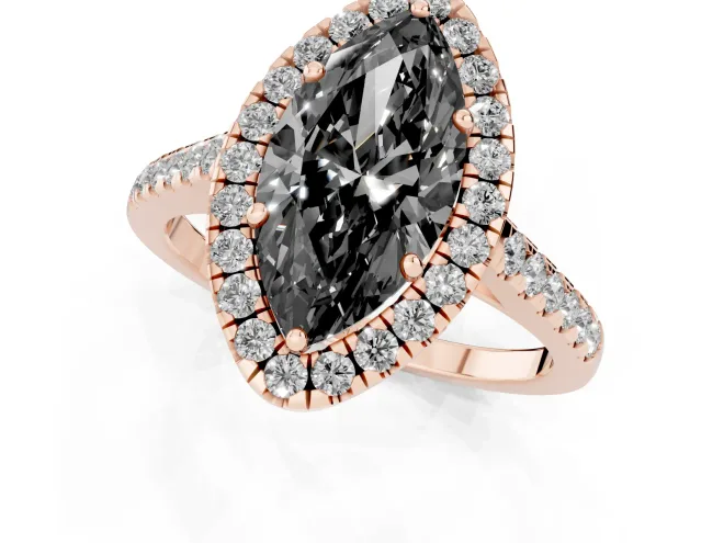 Fancy Black Marquise Cut Diamond Halo Pavé Engagement Ring Set in Rose gold with Prong Setting – second view