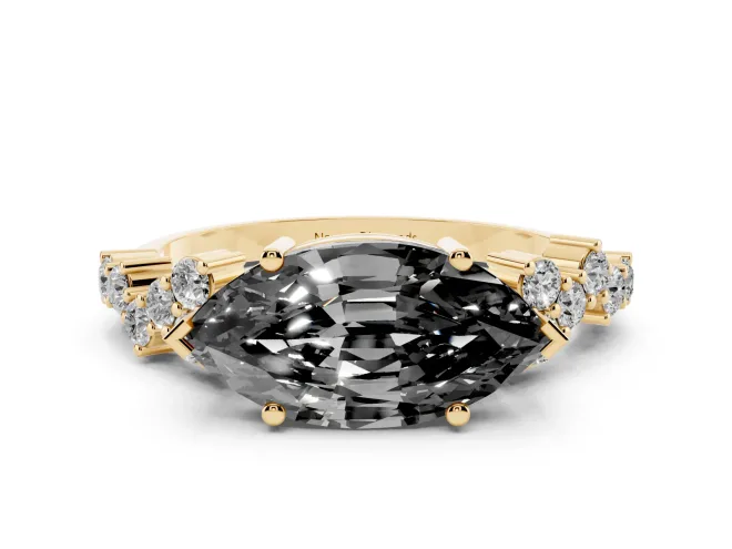 Fancy Black Marquise Cut Diamond Ring Set in Yellow gold with Scattered Round Accents