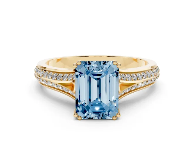 Emerald Cut Split Shank Engagement Ring Setting for a Fancy Blue Lab-Grown Diamond | Pavé Band | Yellow Gold