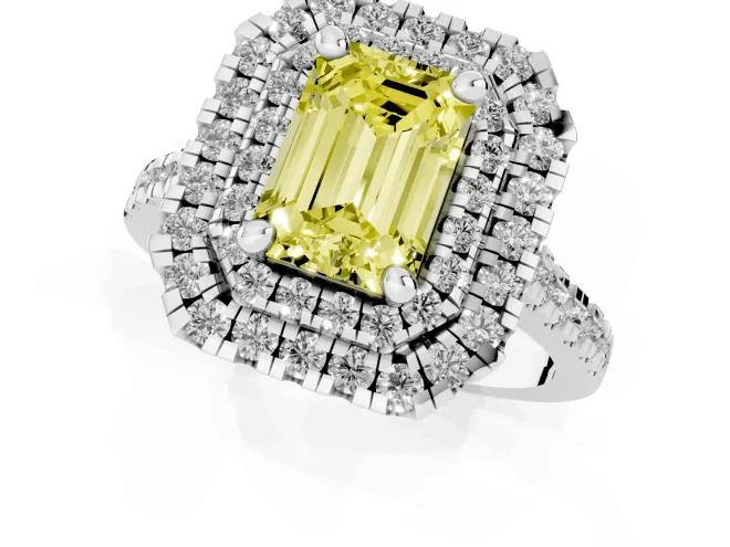 Fancy Yellow Emerald Cut Diamond Double Halo Statement Ring Set in White gold with Pavé Band – second view