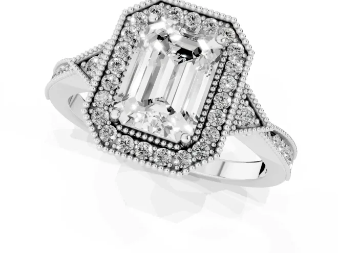 Emerald Cut Diamond Halo Engagement Ring Set in White gold with Milgrain Pavé Band – second view