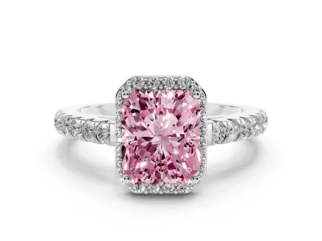 Radiant Cut Halo Pavé Engagement Ring Setting for a Fancy Pink Lab-Grown Diamond | White Gold