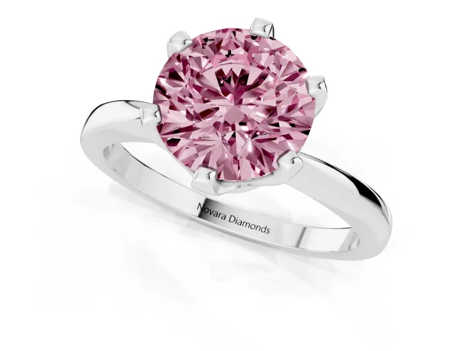 Fancy Pink Round Cut Diamond Solitaire Engagement Ring Set in White gold with Slim Tapered Solitaire Band – second view