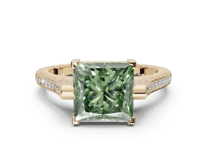Princess Cut Vintage Cathedral Engagement Ring Setting for a Fancy Green Lab-Grown Diamond | Carved Band | Yellow Gold