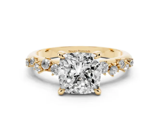 Cushion Cut Diamond Solitaire Vine Band Ring Set in Yellow gold with Round Accents and Prong Setting
