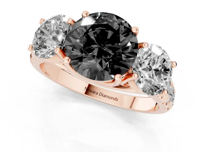 Fancy Black Round Cut Diamond Three-Stone Ring Set in Rose gold with Pavé Band – second view