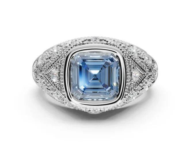 Asscher Cut Vintage Bezel Engagement Ring Setting for a Fancy Blue Lab-Grown Diamond | Milgrain Band | Sterling Silver