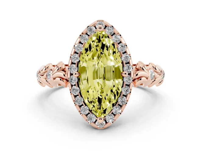 Fancy Yellow Marquise Cut Diamond Halo Ring Set in Rose gold with Filigree Leaf Band and Prong Setting