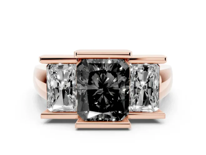 Radiant Cut Channel-Set Three Stone Engagement Ring Setting for a Black Center | Rose Gold